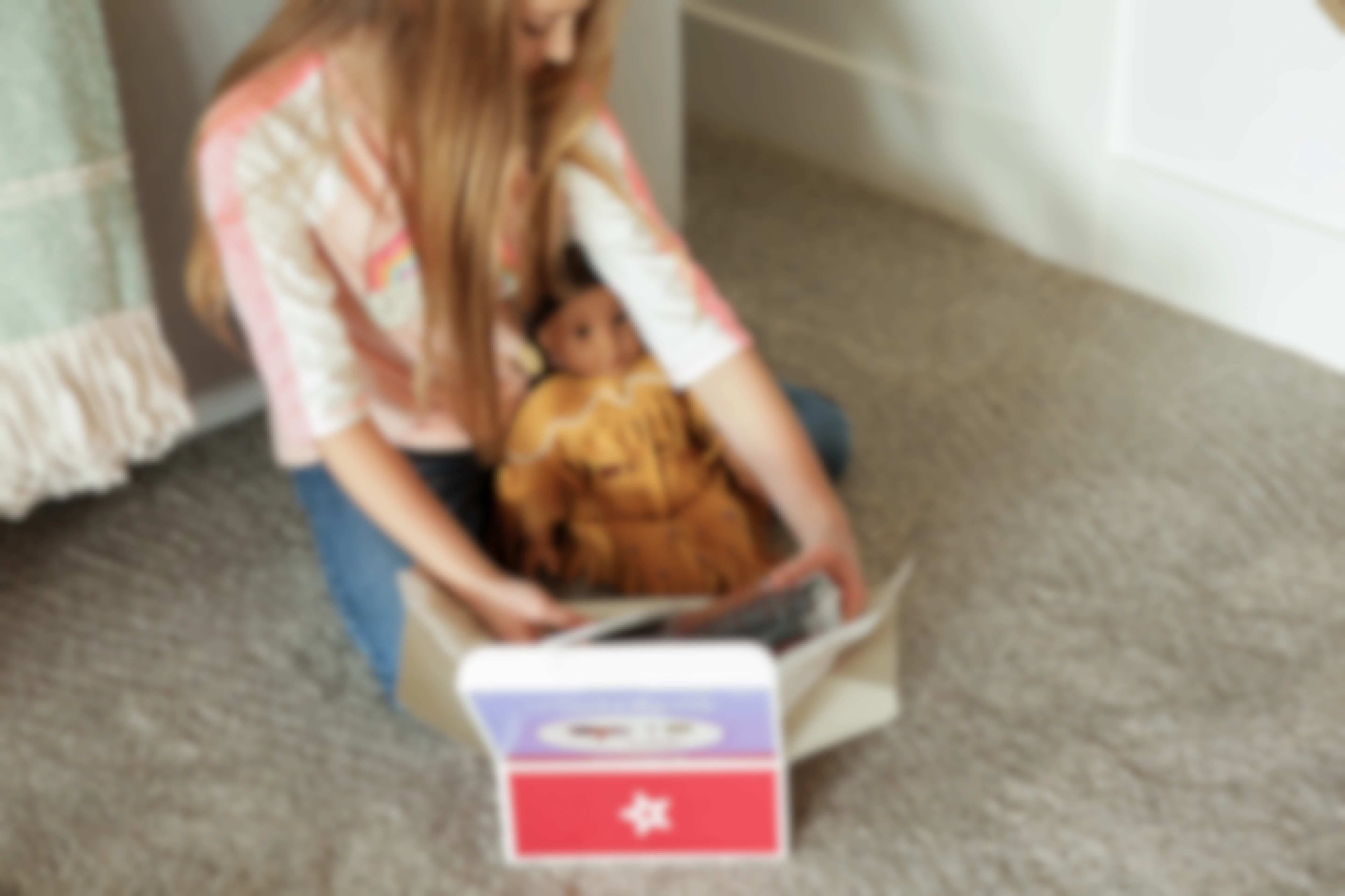 A girl unboxes items from American Girl.