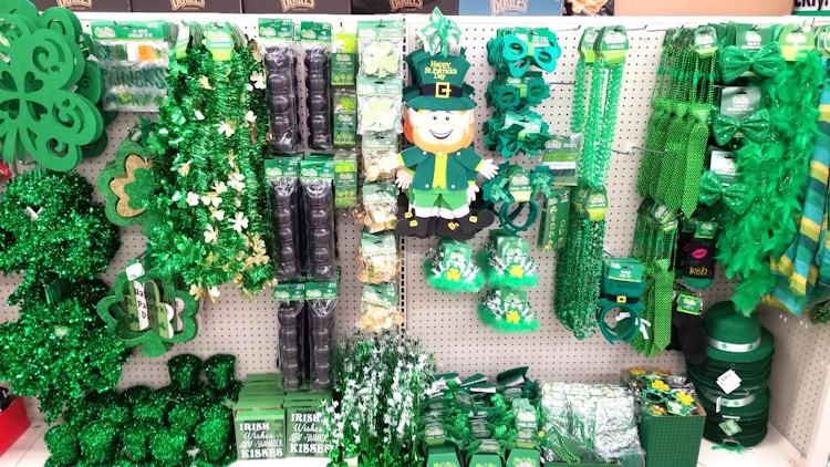 wall of st patricks decor at dollar tree