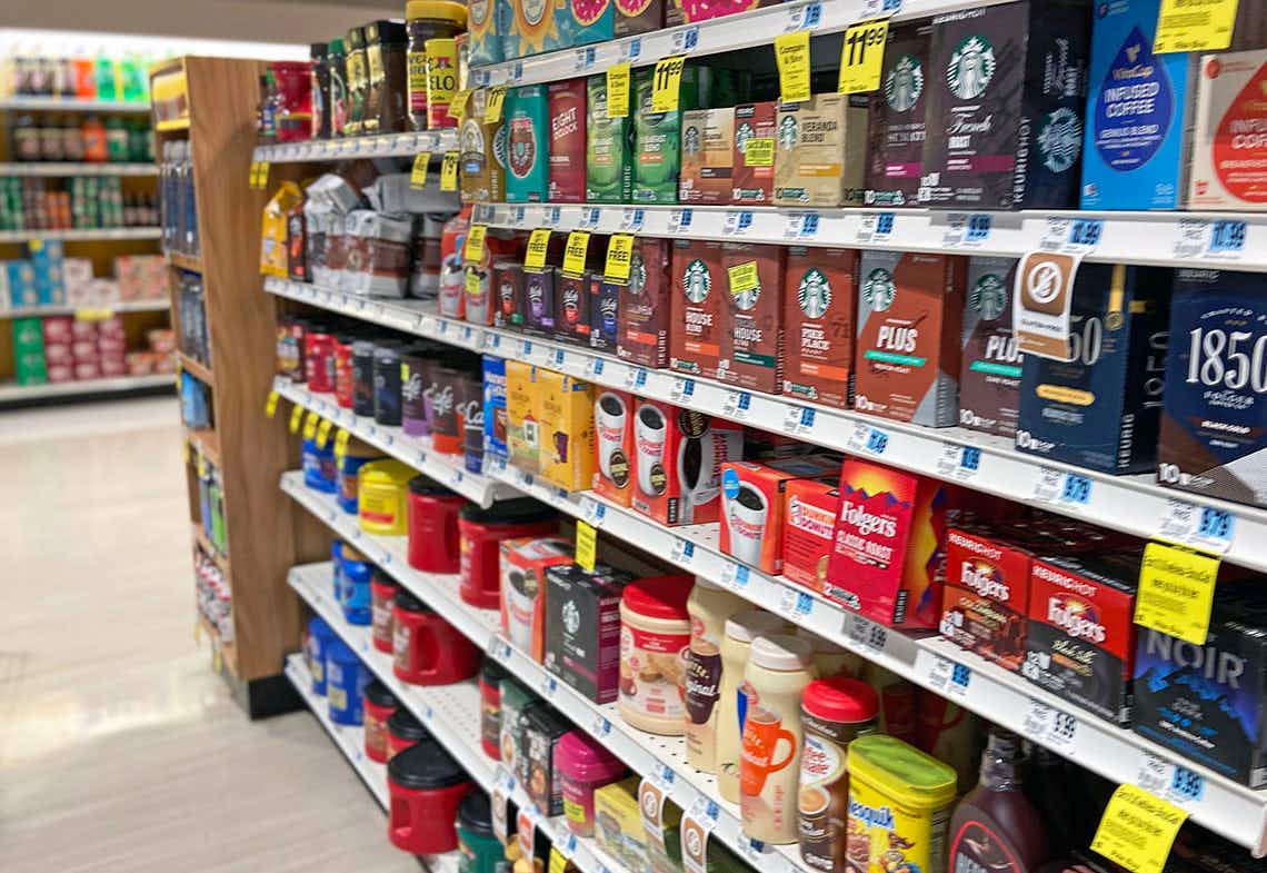variety of ground coffee on store shelves in rite aid