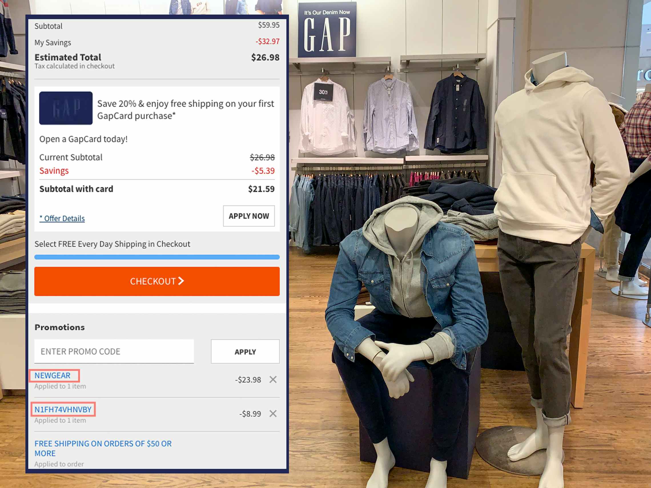 The mens gap clothing section with a screen shot of the online checkout portal with discount coupon codes laid over it.