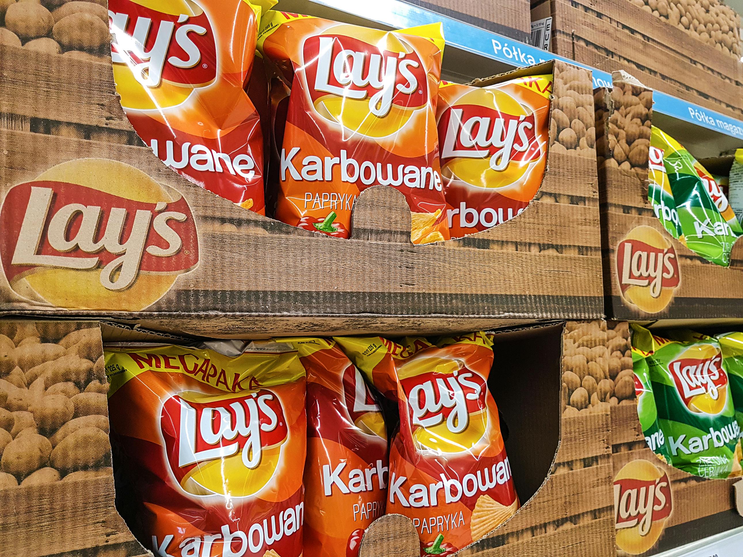 Lay's chips in labeled boxes
