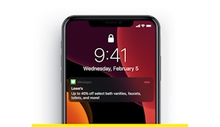 A smartphone with a lowes text alert for a 40% off sale.