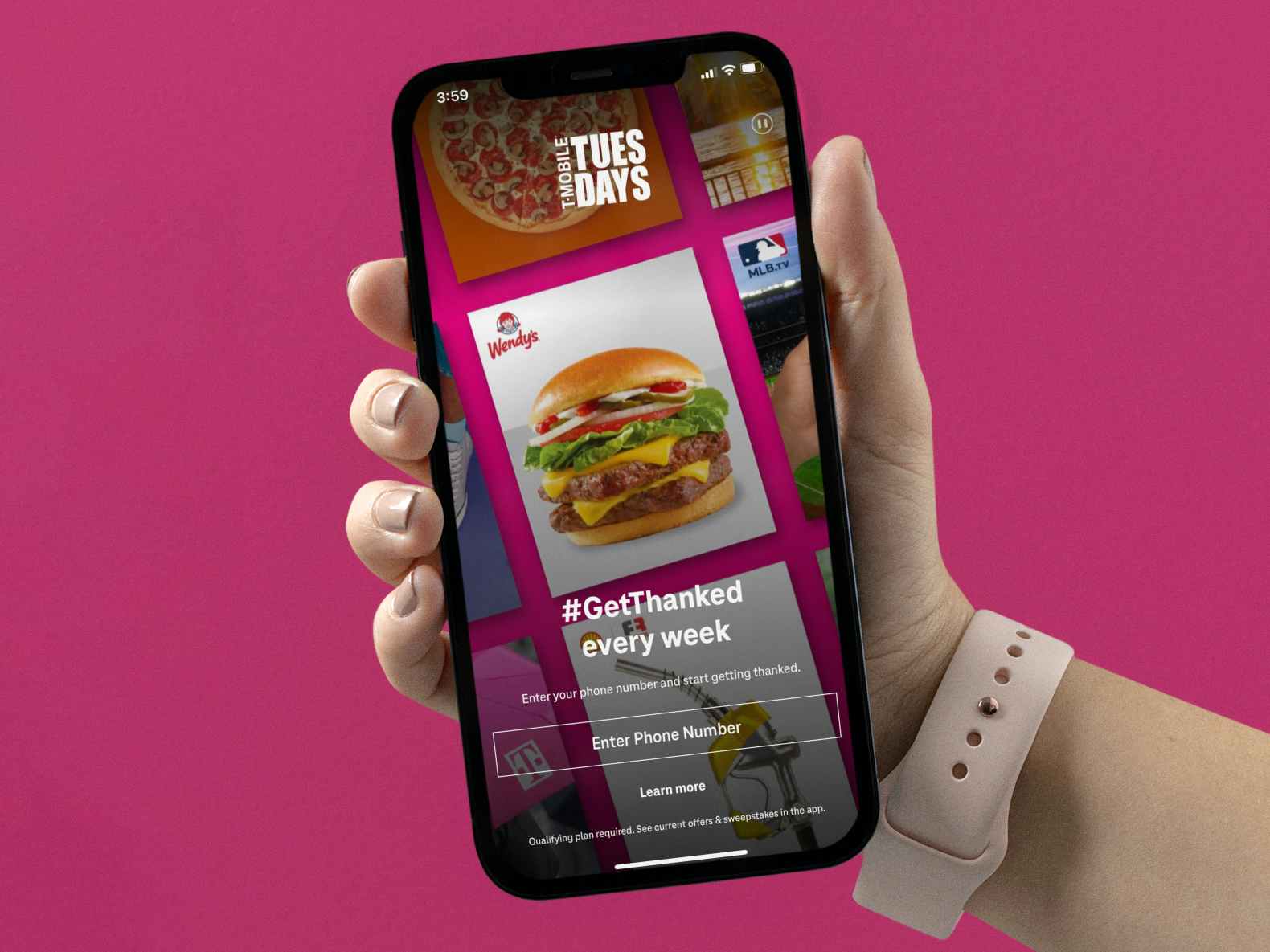 person holding a phone with t-mobile tuesdays app screenshot