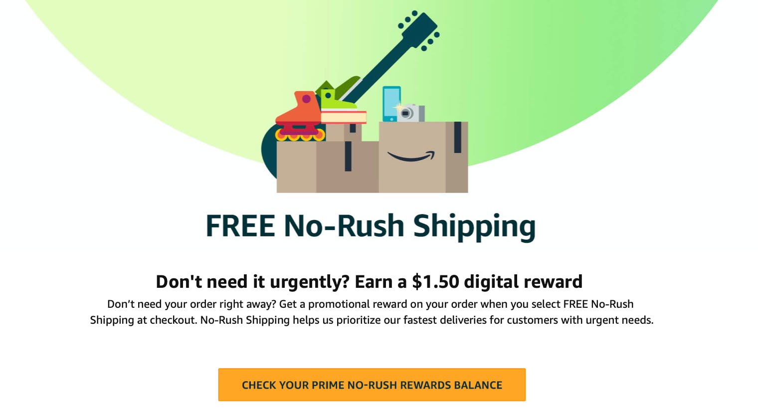 an Amazon ad promoting free no-rush shipping with a $1.50 digital reward
