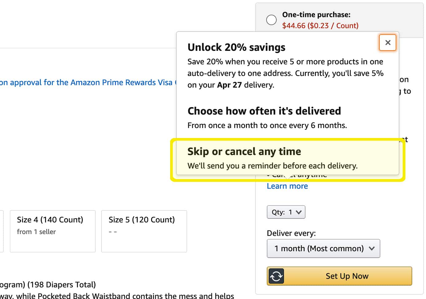 Screen shot of amazon product page with info about canceling subscribe and save any time highlighted in yellow.