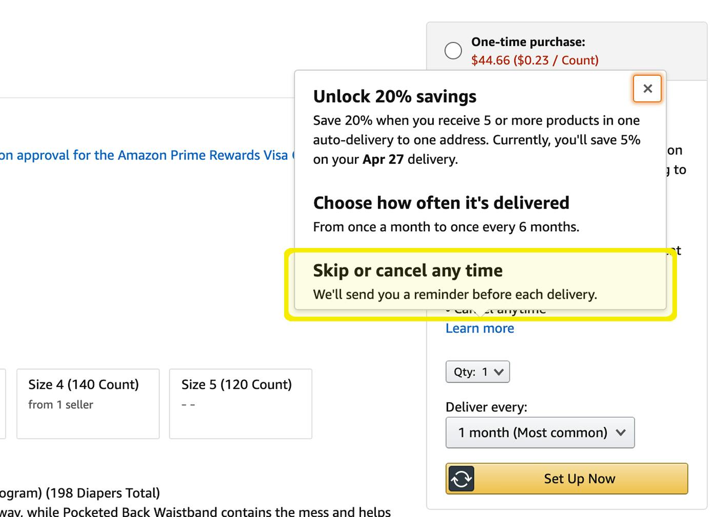 Screen shot of amazon product page with info about canceling subscribe and save any time highlighted in yellow.
