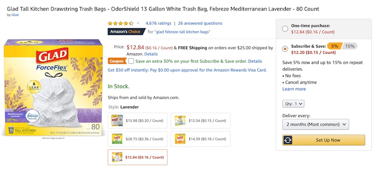 Amazon subscribe and save Glad garbage bag screen shot.
