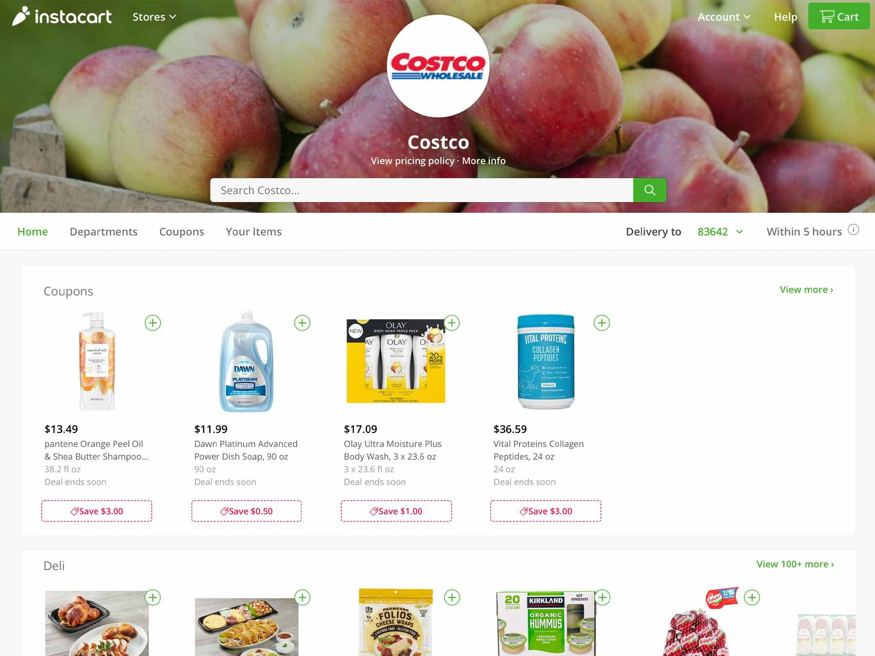 Screen shot of instacarts Costco shopping page.