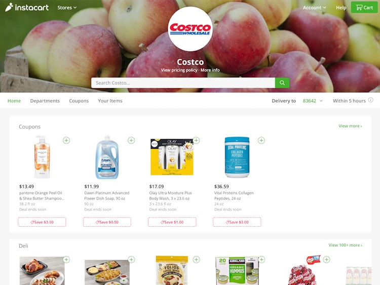 Screen shot of instacarts Costco shopping page.