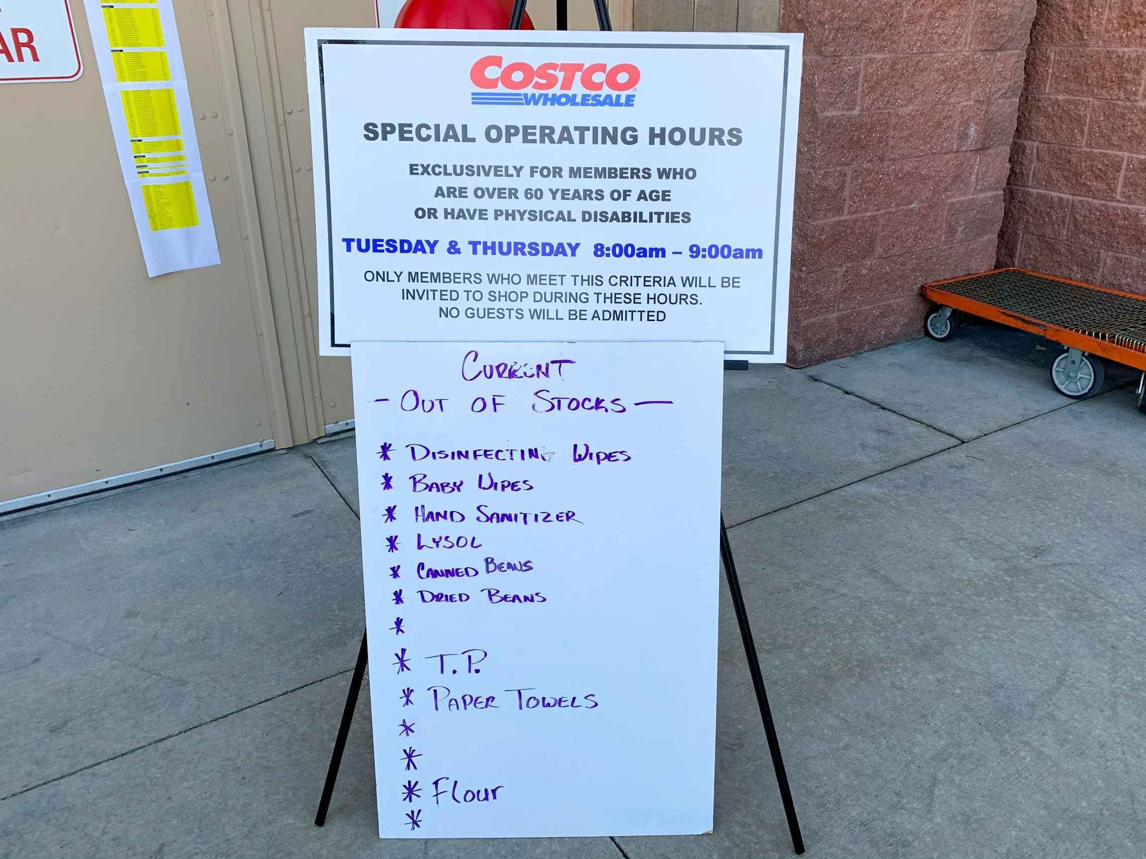 A Costco sign explaining the "special operating hours" for seniors and people with disabilities.