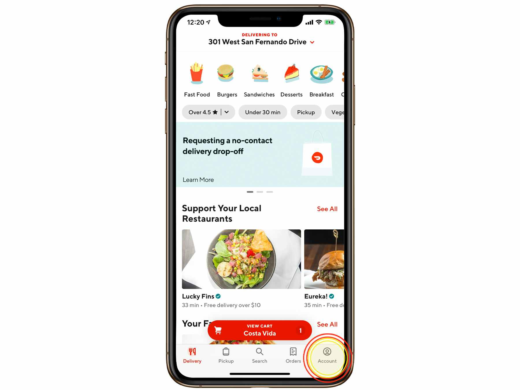 A screen shot of the doordash main app page, with a circle around the bottom right hand icon that says Account.