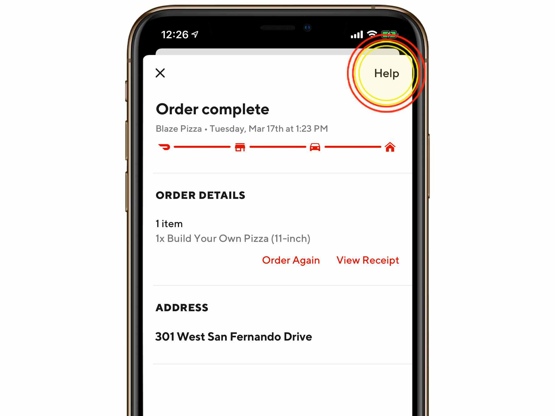 A screen shot of the Doordash app order page, with a circle around the top right corner icon that says help.
