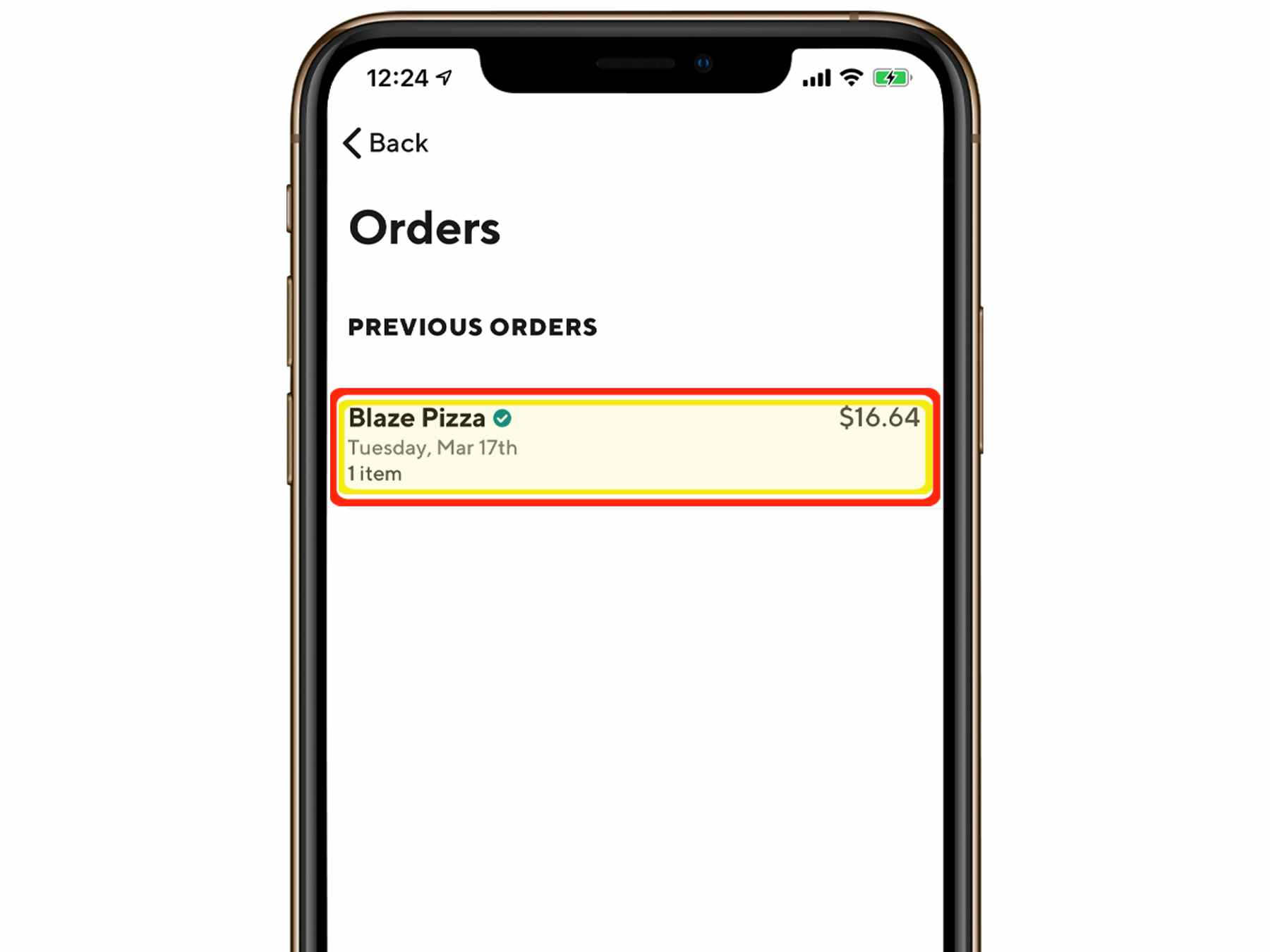 A screenshot of the door Doordash app order page with a box highlighting a Blaze Pizza order.