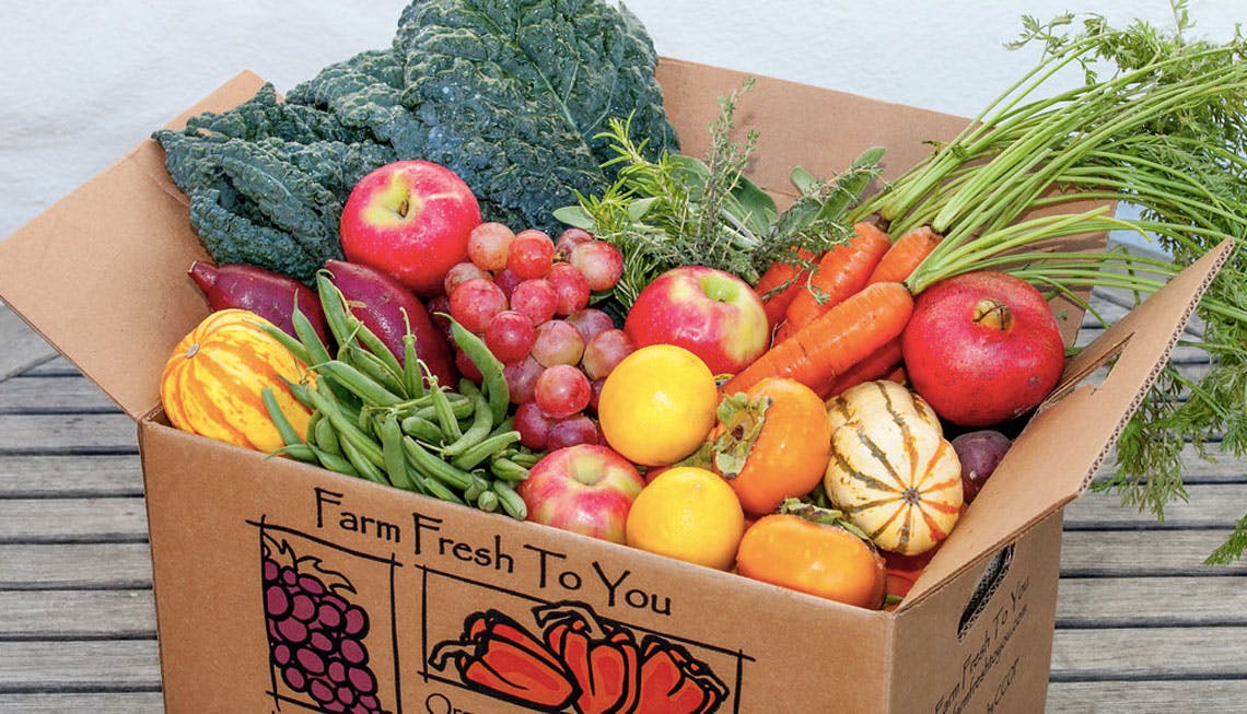 Box of Farm Fresh to You produce with grapes, beans, squash, carrots, and more.