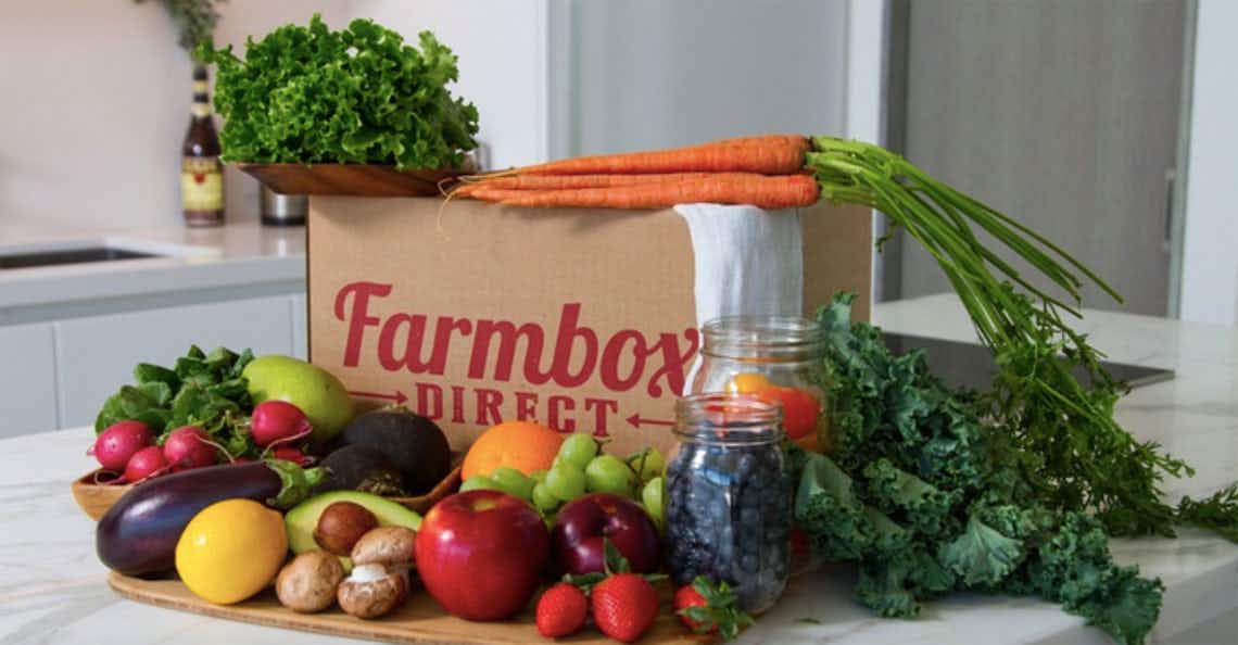 Farmbox Direct produce box on a kitchen counter.