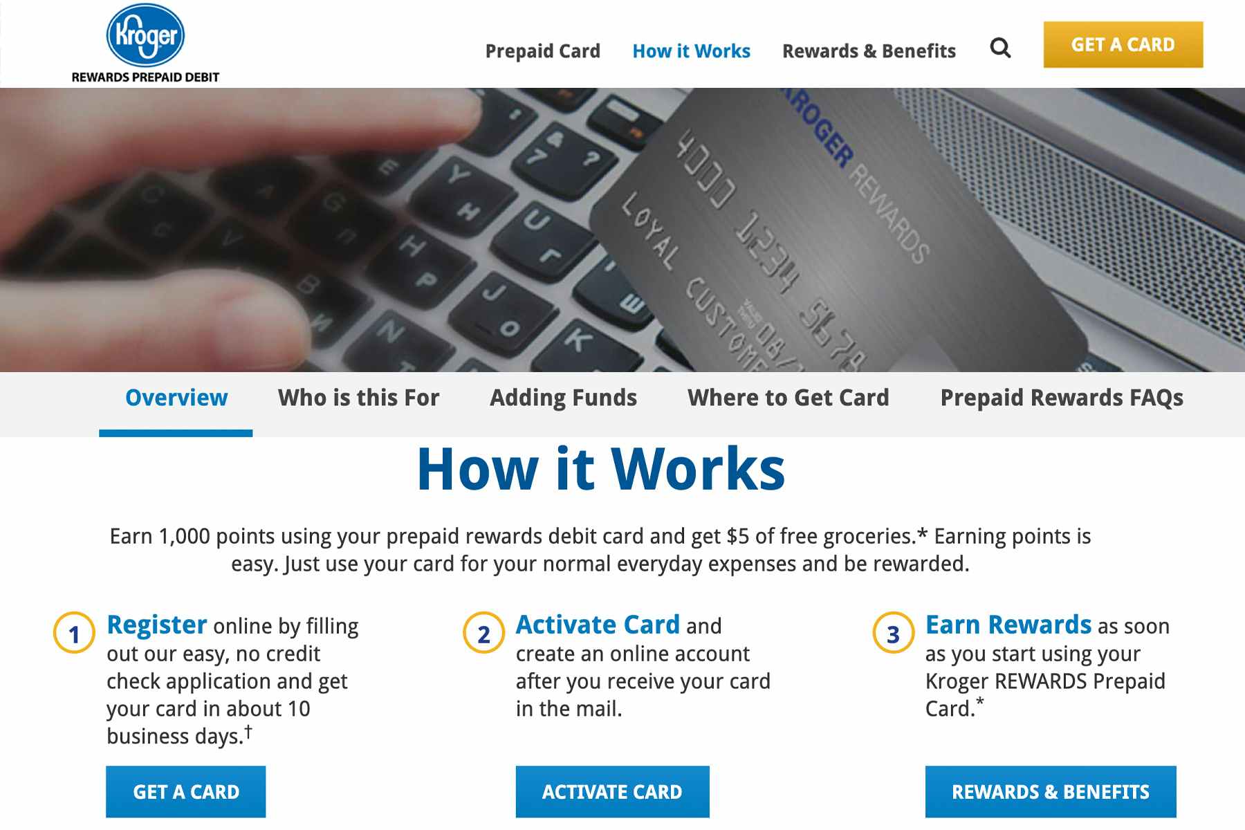 Screen shot of the information and sign up page for the Kroger Debit card