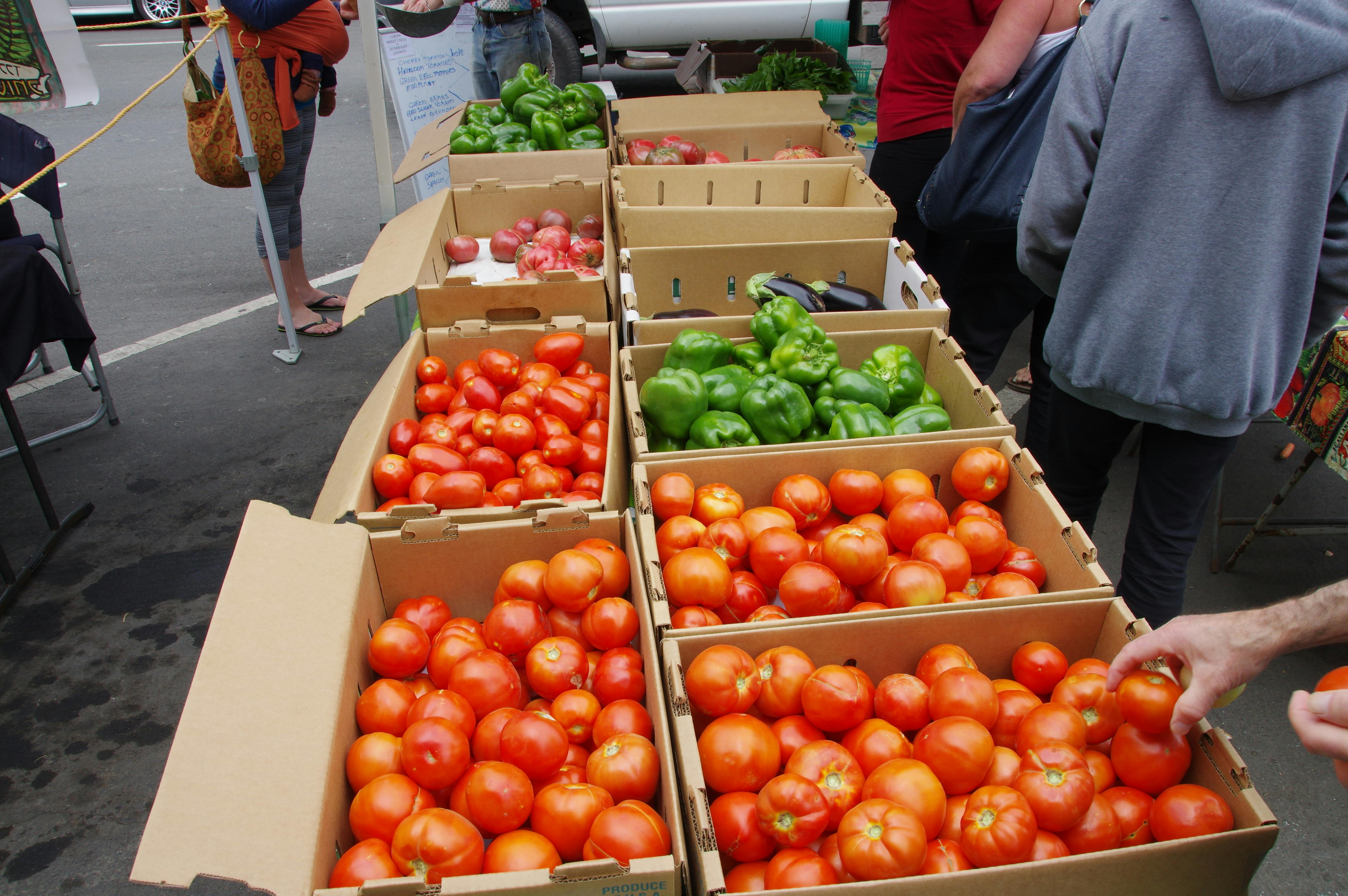 Boxes on local produce with tomatoes and bell peppers.