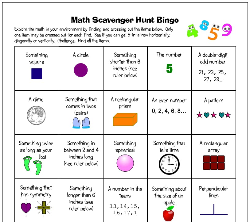 math scavenger hunt bingo printable
