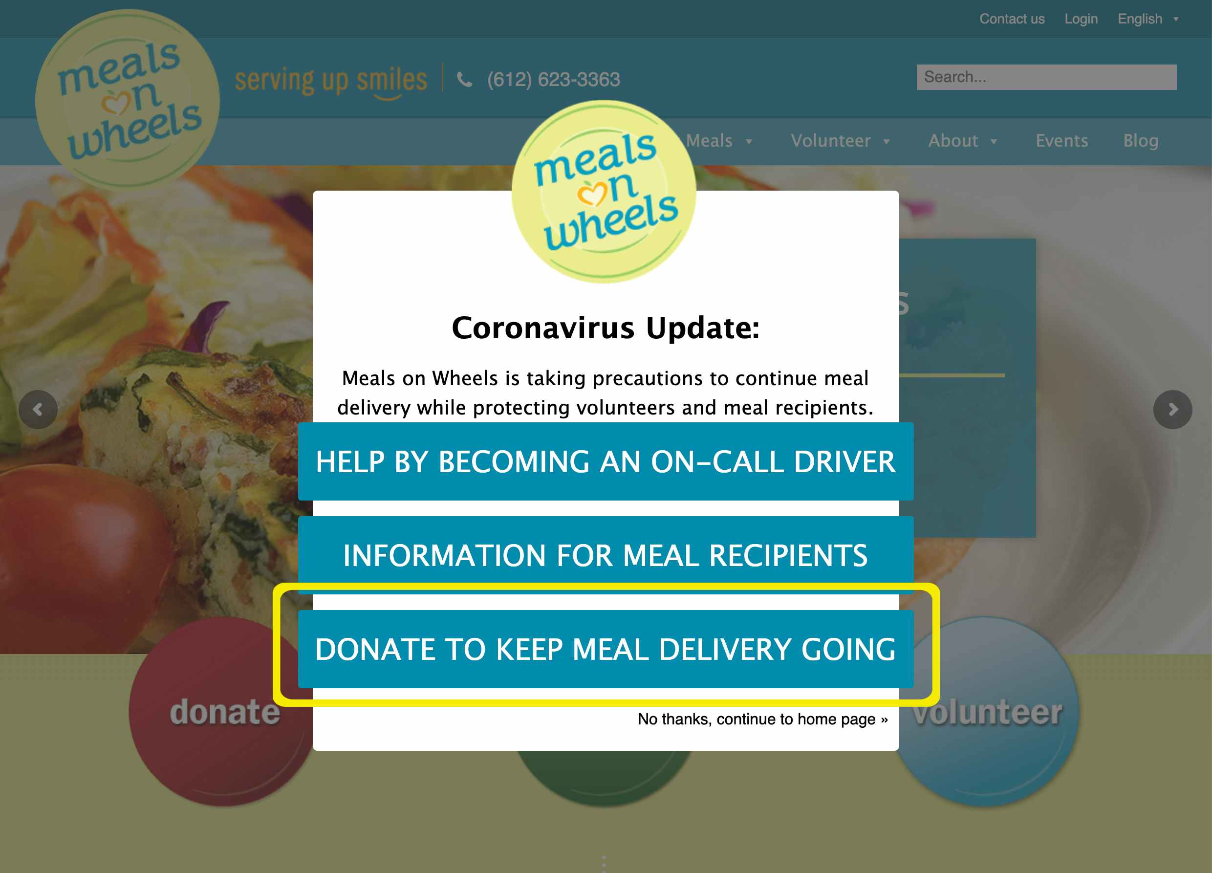 Meals on wheels coronavirus update on their website.