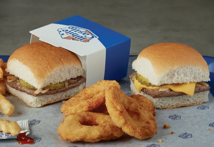 two sliders and onion rings from White Castle