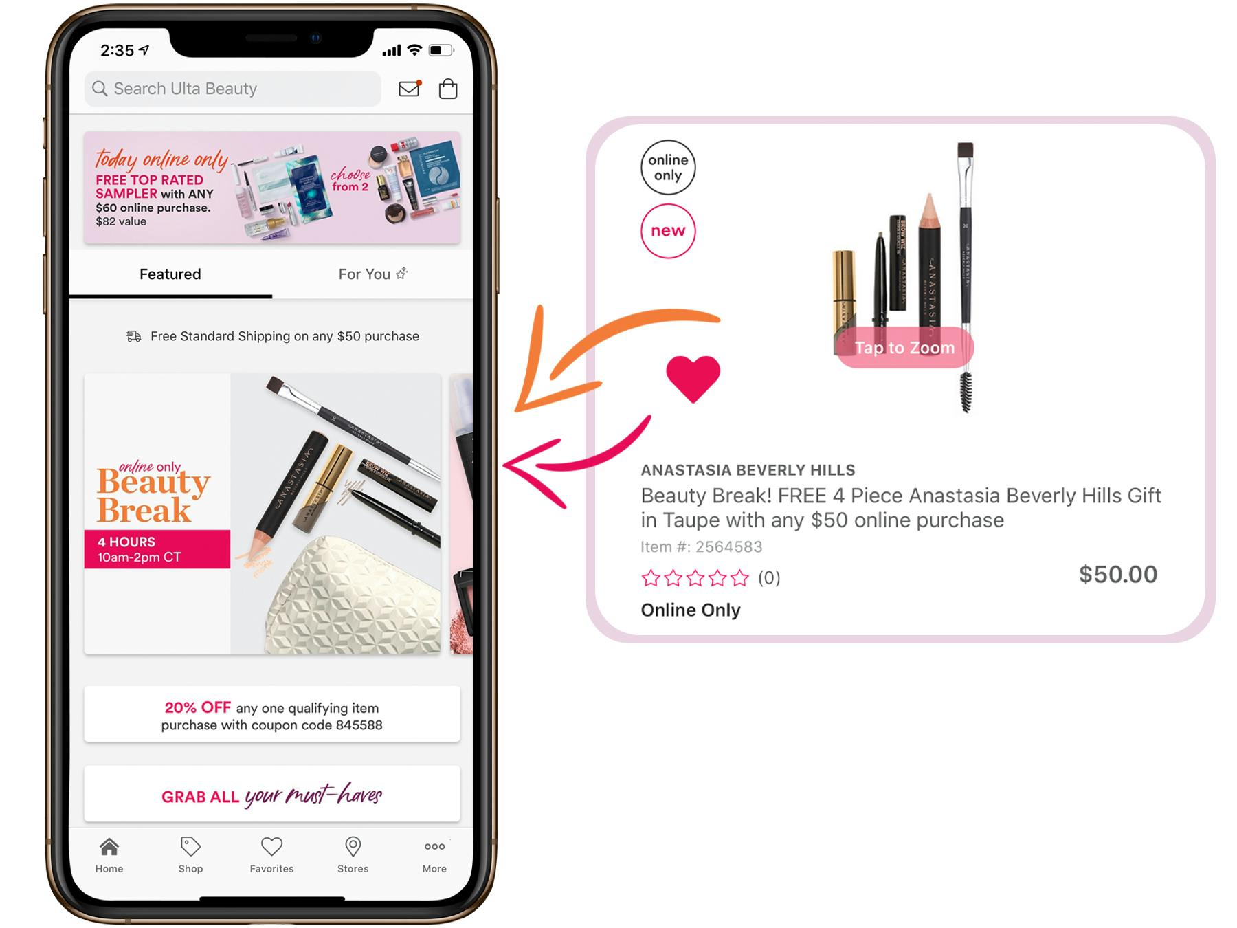 Mobile screen shots from the Ulta Beauty app featuring a Beauty Break deal