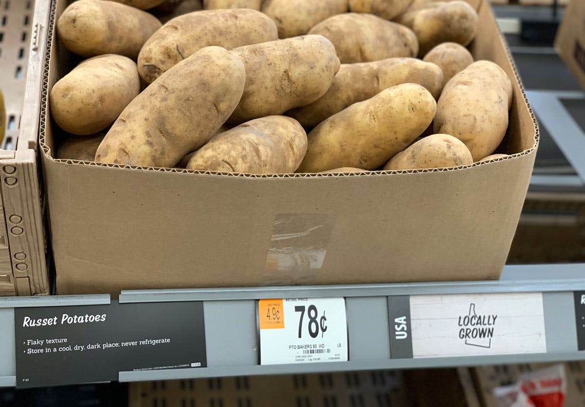potatoes in a box with 78 cents sign