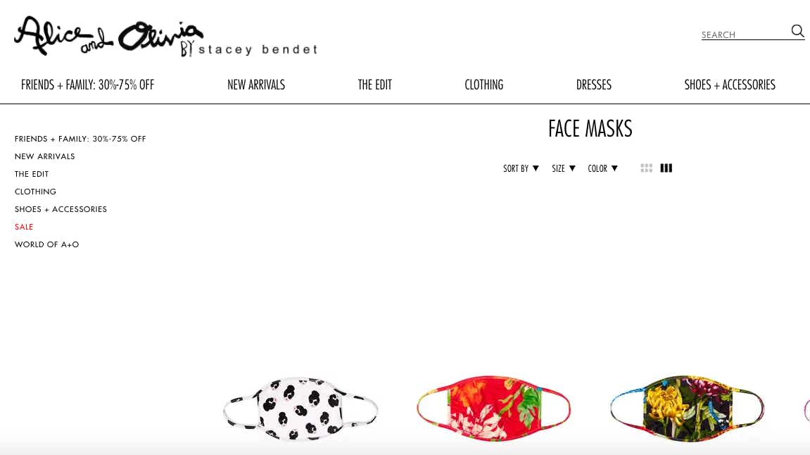 screenshot of alice and olivia webpage selling patterned face masks