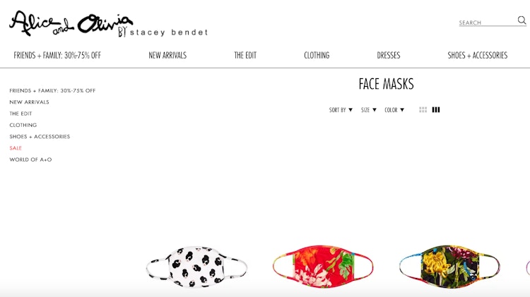 screenshot of alice and olivia webpage selling patterned face masks