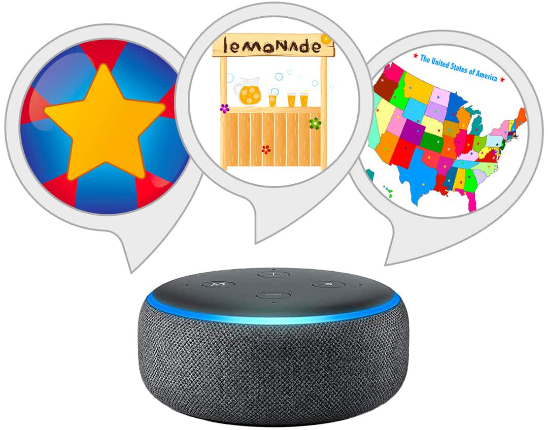 Three icons for Alexa games above an Amazon Echo device