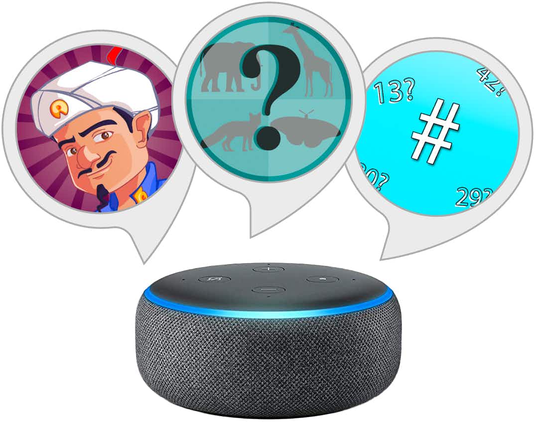 Three icons for Alexa games above an Amazon Echo device