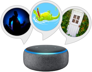 Three icons for Alexa games above an Amazon Echo device