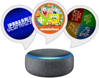 Three icons for Alexa games above an Amazon Echo device