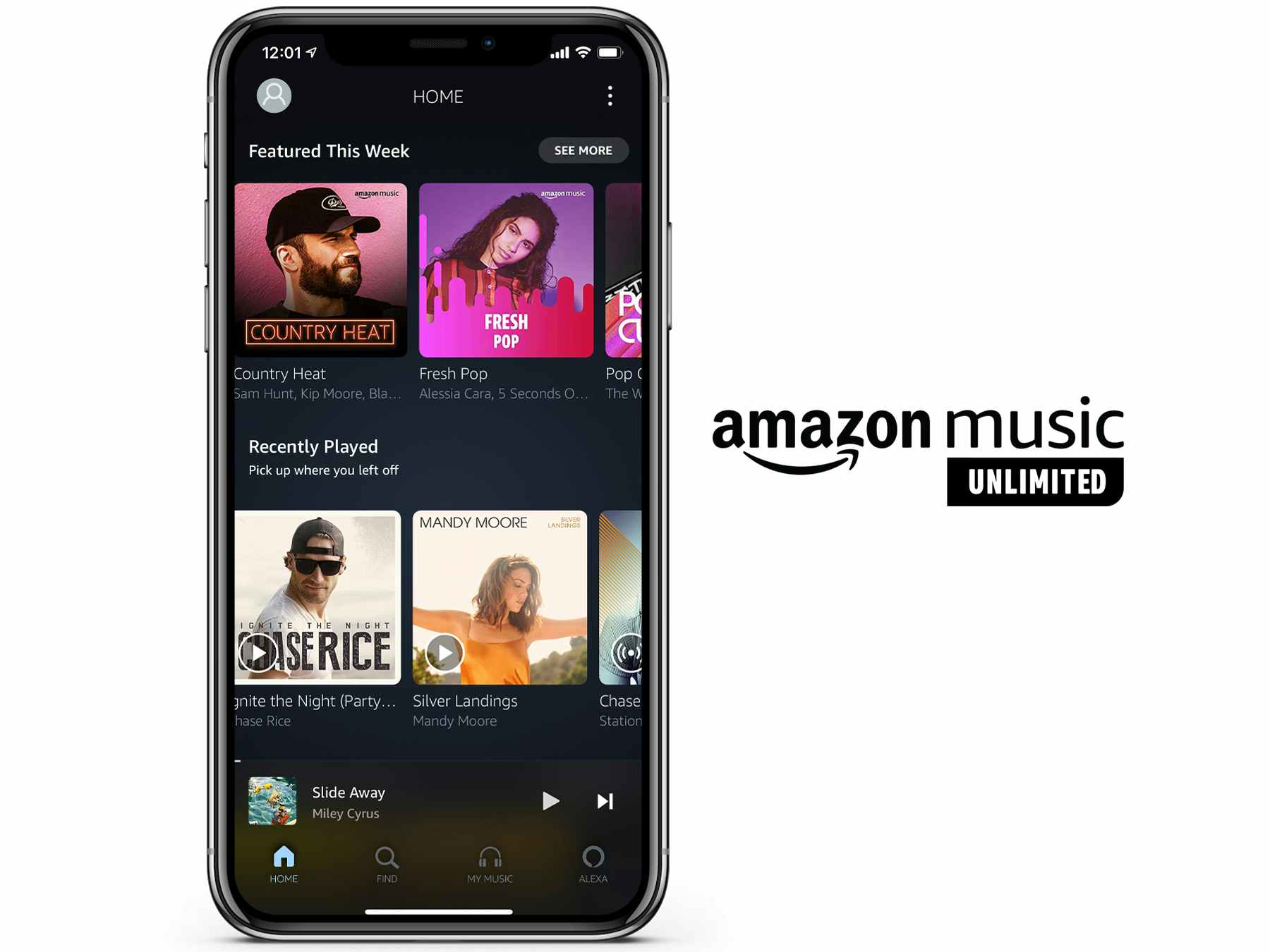 A digital cell phone with the Amazon Music Unlimited app displayed and the company logo beside it.