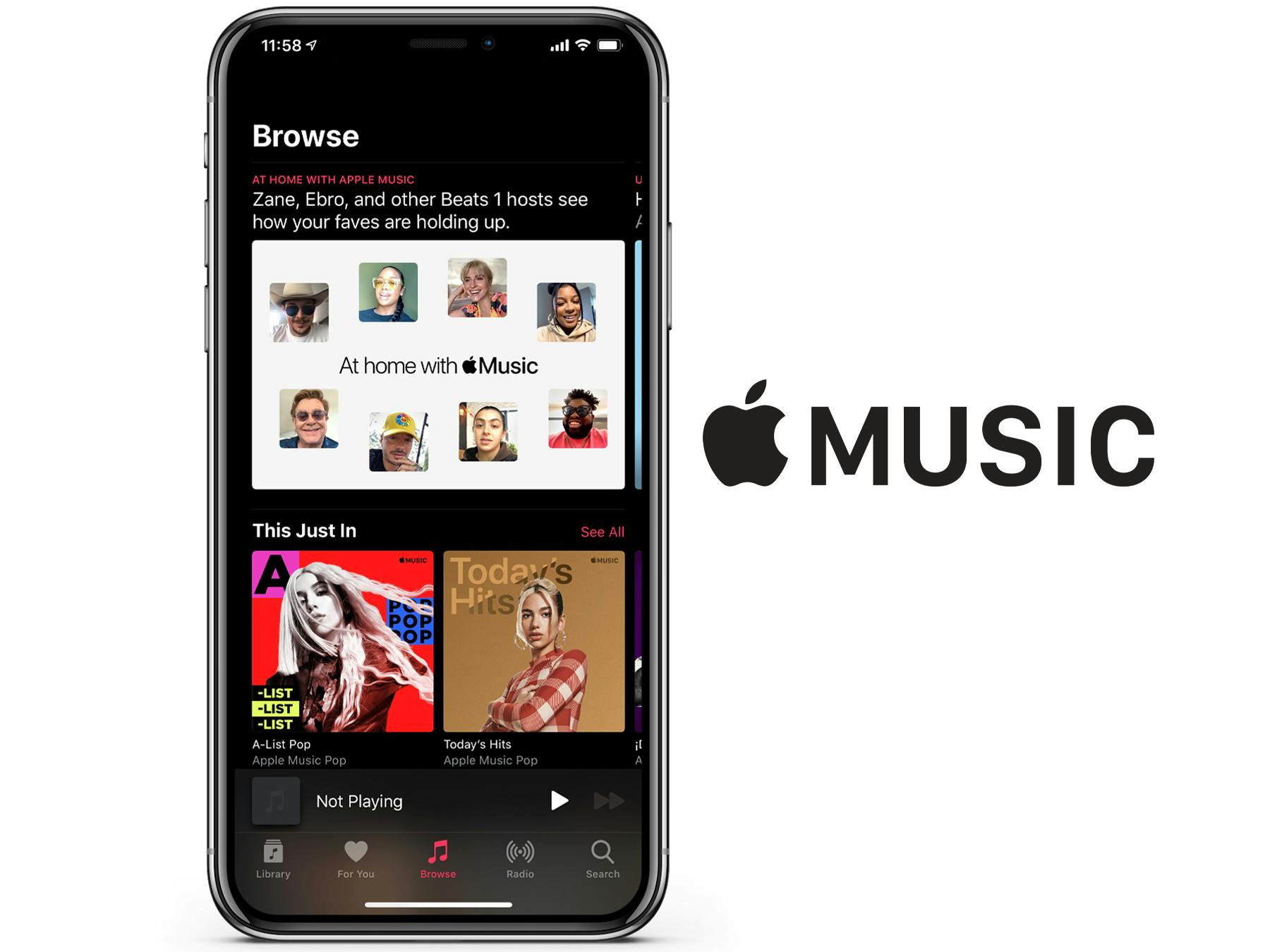 A digital cell phone with the Apple music app displayed and the company logo beside it.
