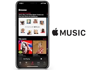 A digital cell phone with the Apple music app displayed and the company logo beside it.