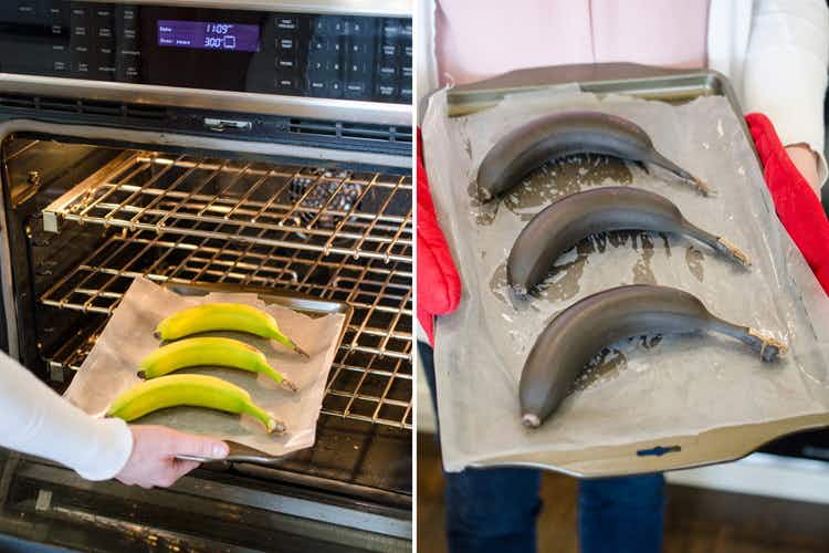 Woman-placing-a-sheet-pan-of-bananas-into-oven