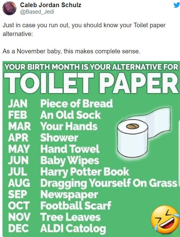 Tweet showing birthday months and toilet paper alternatives