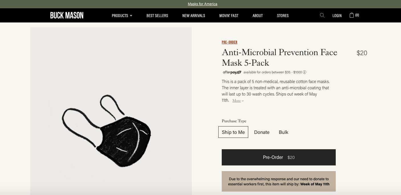screenshot of buck mason website product face masks sold out until may 11
