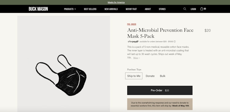 screenshot of buck mason website product face masks sold out until may 11