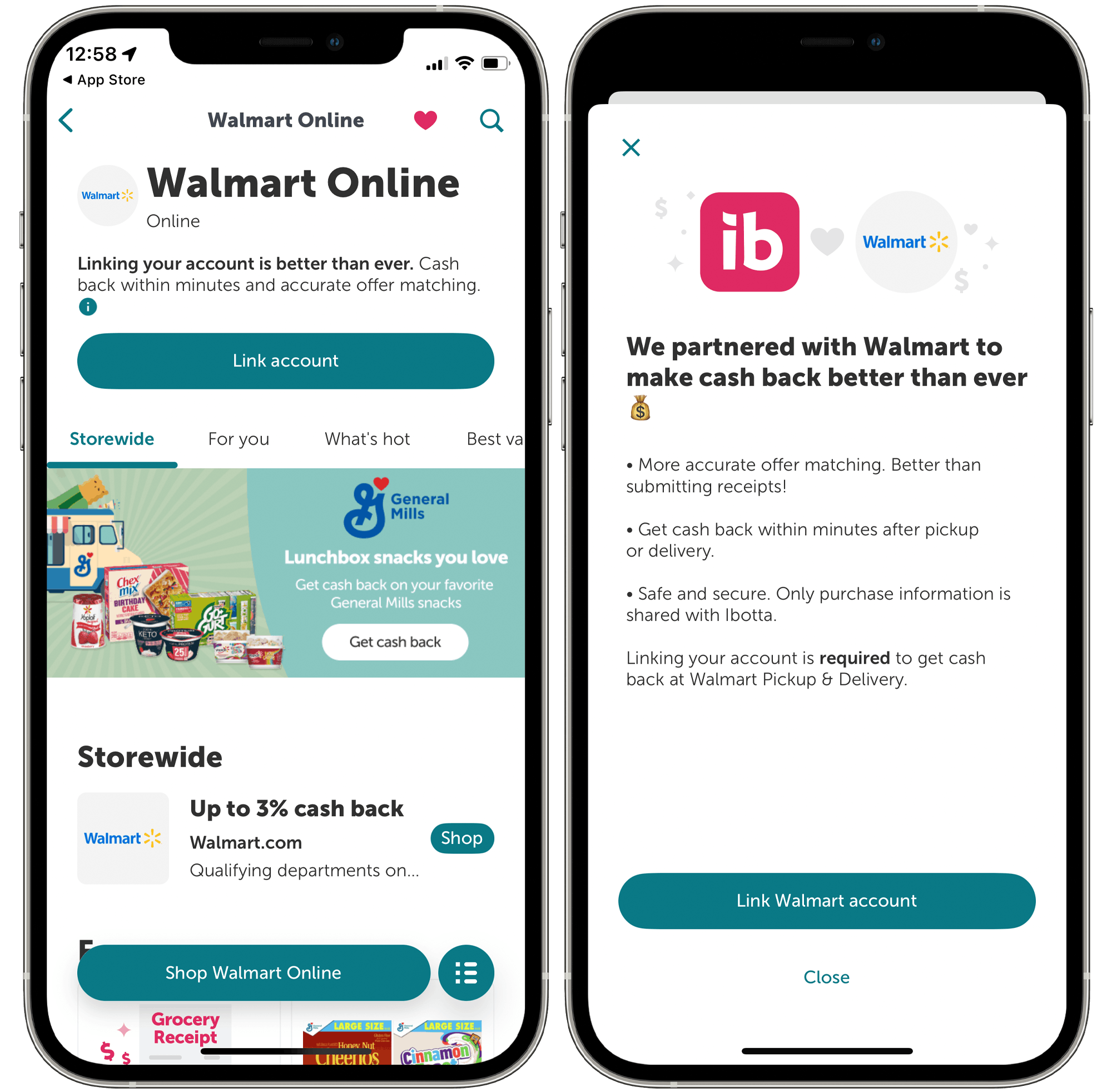 Ibotta app open to the screens for linking to to a Walmart account.