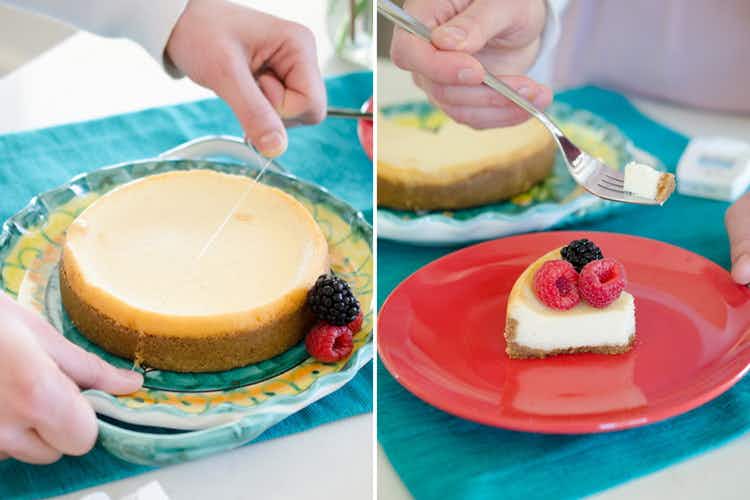 person-cutting-a-cheesecake-with-dental-floss-next-to-a-slice-of-cheesecake
