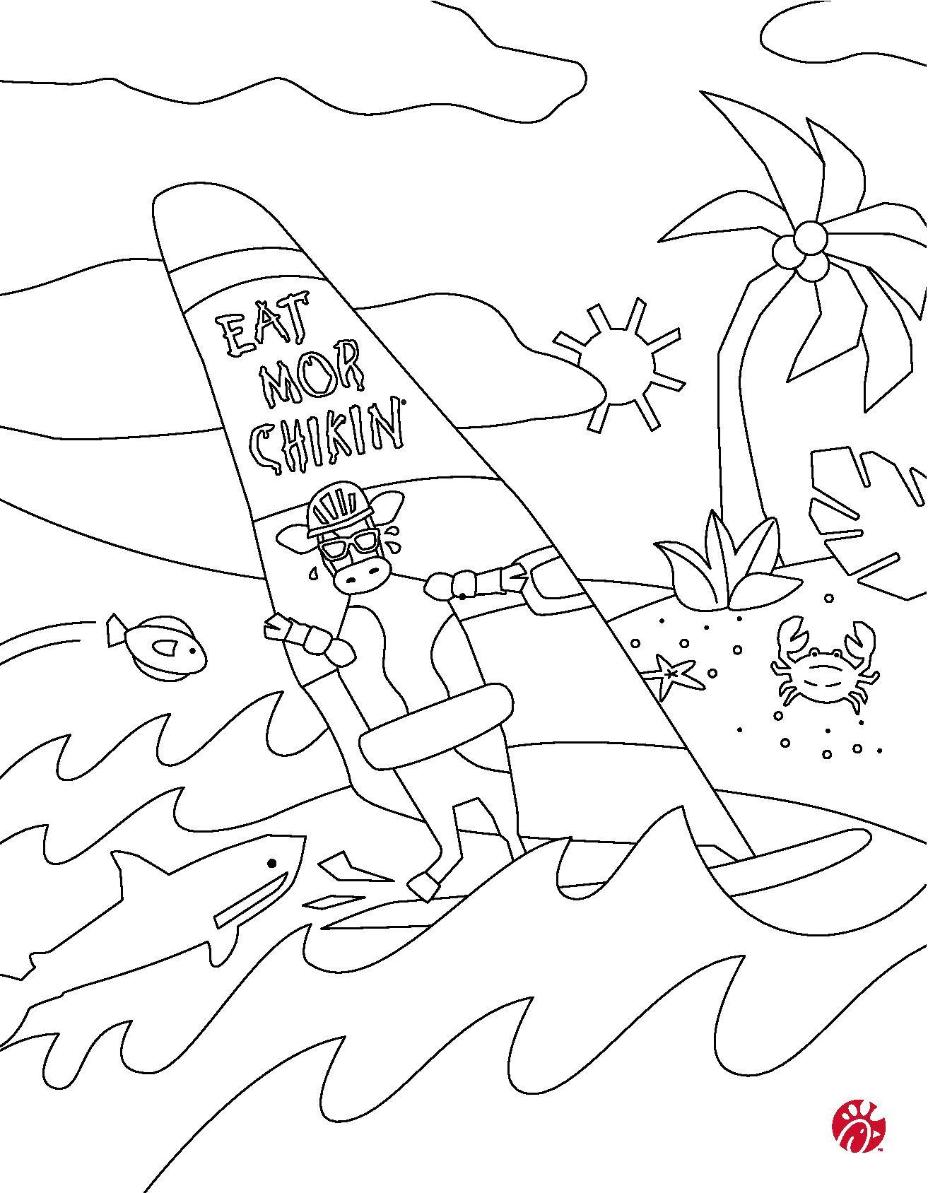 Chick-fil-A coloring page of a cow on a windsurf board with a sail that says eat more chikn