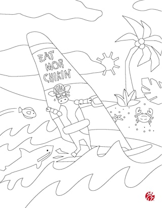 Chick-fil-A coloring page of a cow on a windsurf board with a sail that says eat more chikn