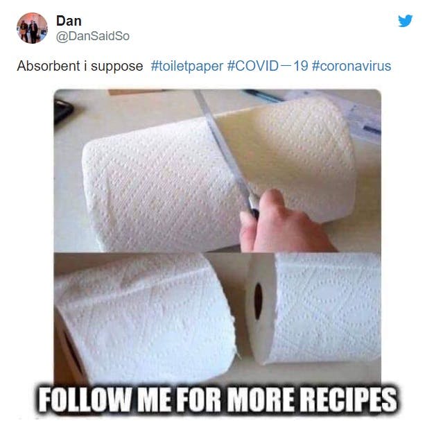 Tweet showing a sarcastic recipe to turn paper towel into toilet paper. 
