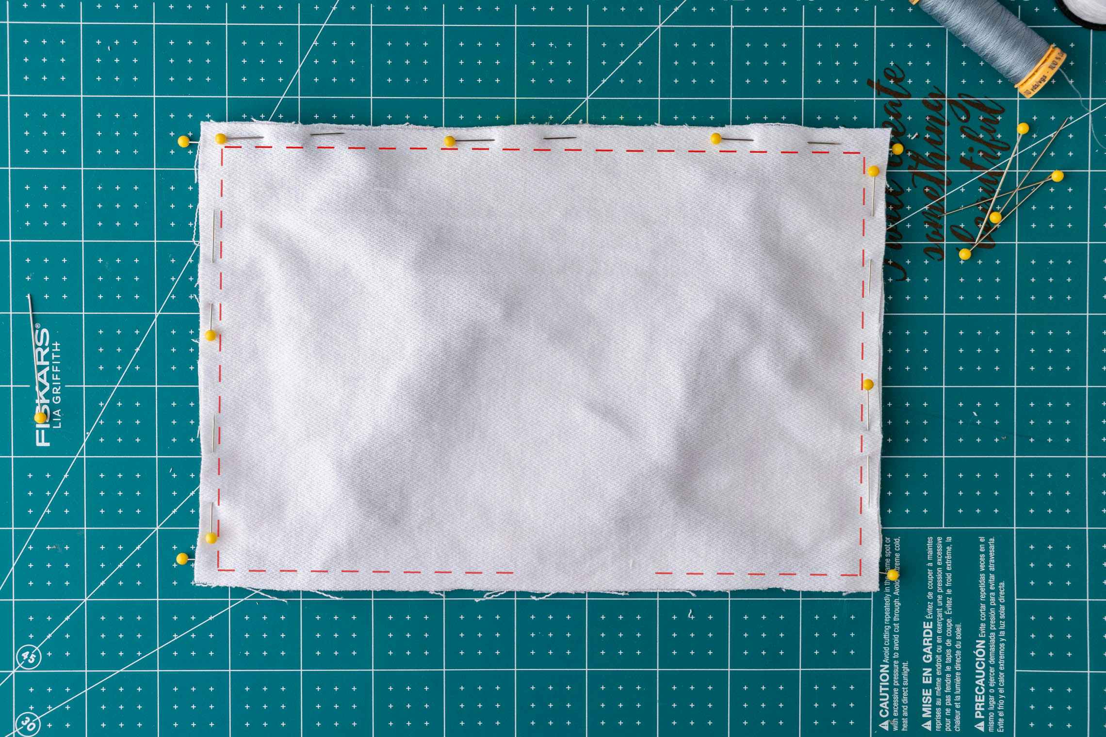 Fabric with red stitch marks showing 1/4" border to sew along the perimeter, leaving a hole at the bottom.