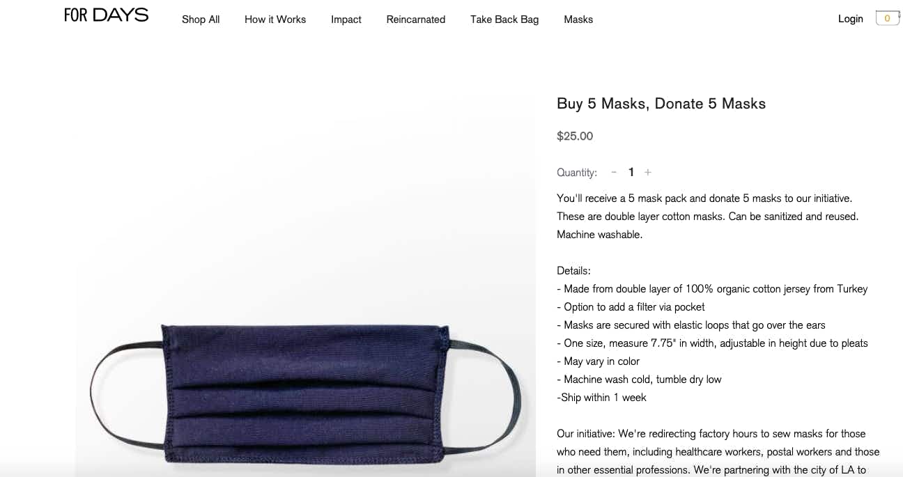 screenshot of For Days website showing dark cotton face mask for sale