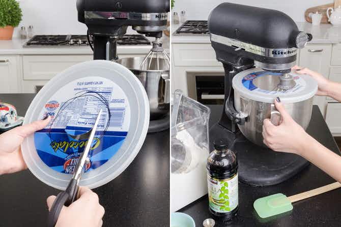 person-cutting-a-lid-from-a-gallon-of-ice-cream-next-to-a-mixer-with-the-lid-placed-on-the-mixing-bowl-as-a-splash-guard