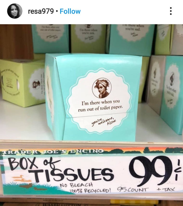Instagram post showing box of tissues as toilet paper alternative. 