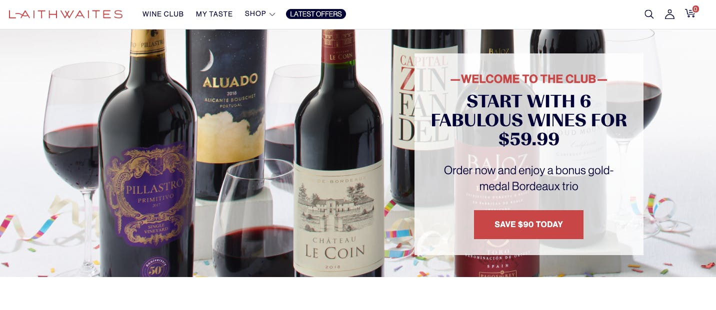 laithwaites home page showing wines and offer for $59.99 six bottles