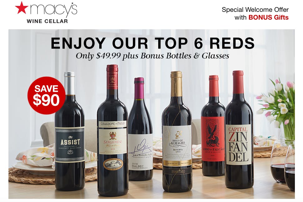 home page for Macy's wine with 6 top red wines 